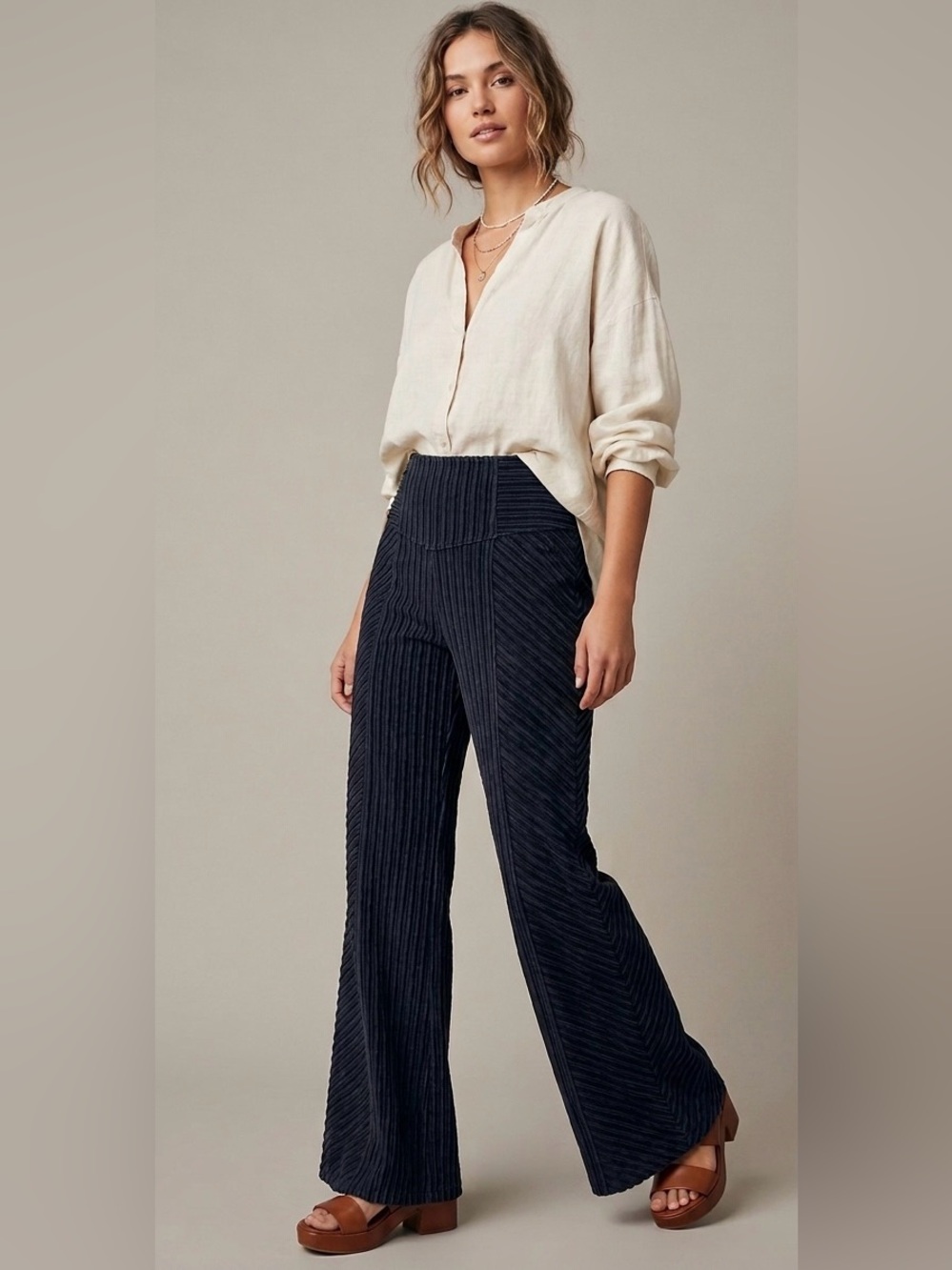 Free People Penny Ribbed Chevron Knit Wide Leg Flare Pants Black